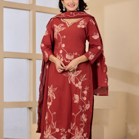 Cotton Handwork Kurta Palazzo Dupatta Set