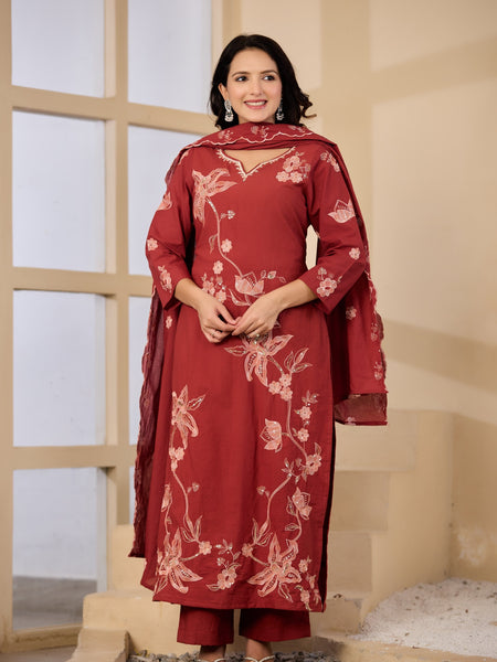 Cotton Handwork Kurta Palazzo Dupatta Set