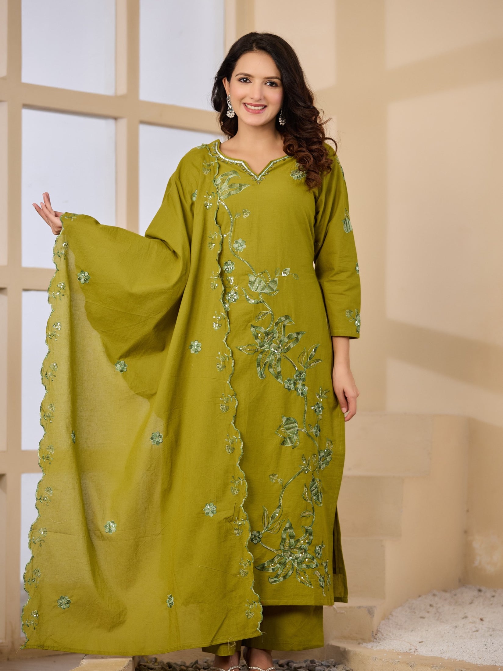 Cotton Handwork Kurta Palazzo Dupatta Set