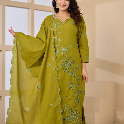 Cotton Handwork Kurta Palazzo Dupatta Set