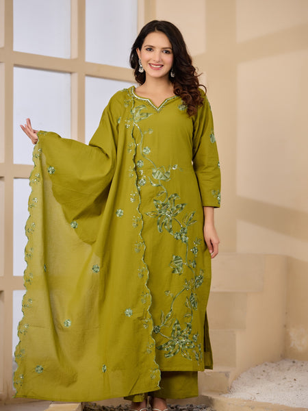 Cotton Handwork Kurta Palazzo Dupatta Set