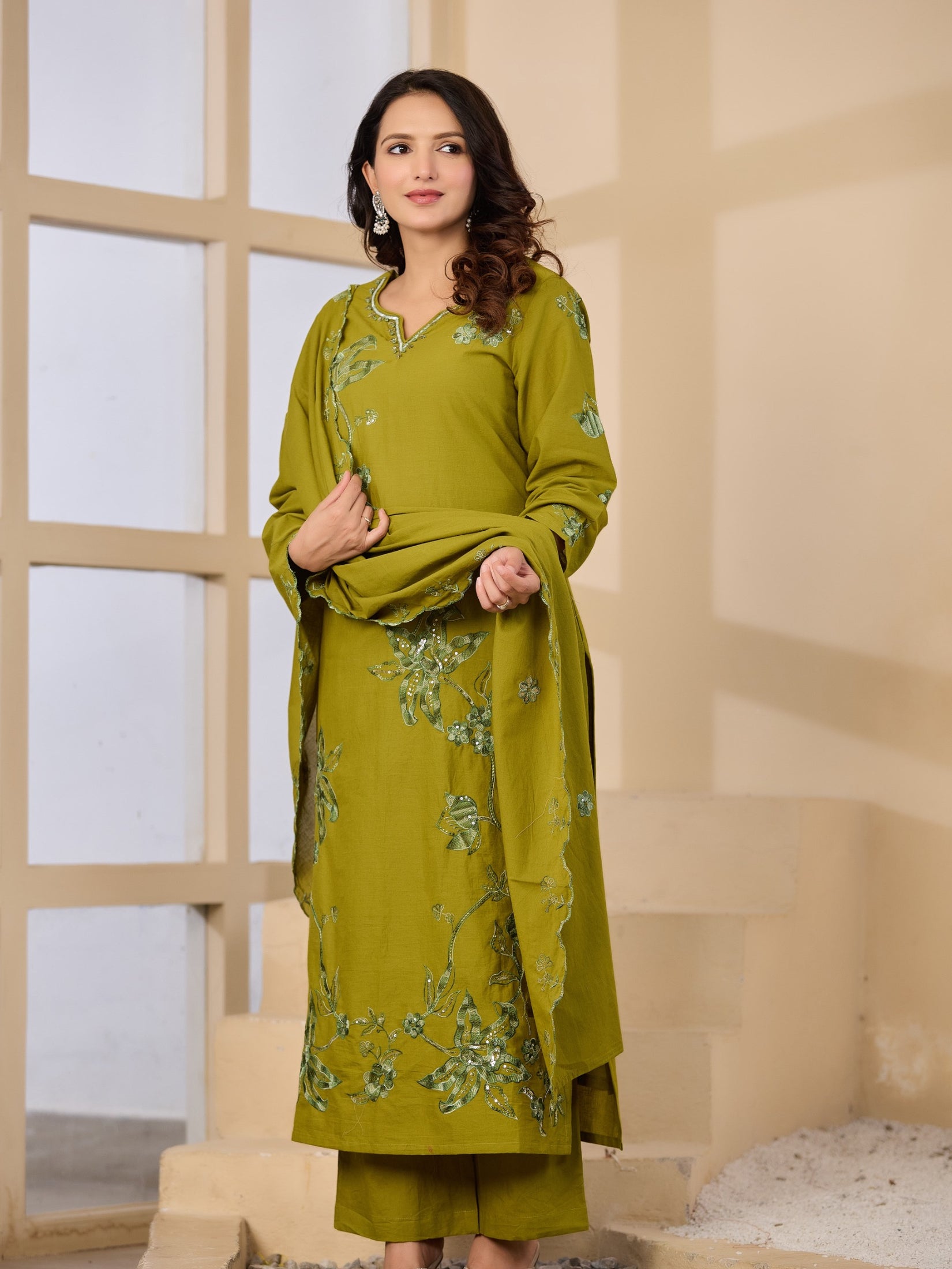 Cotton Handwork Kurta Palazzo Dupatta Set