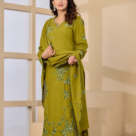 Cotton Handwork Kurta Palazzo Dupatta Set