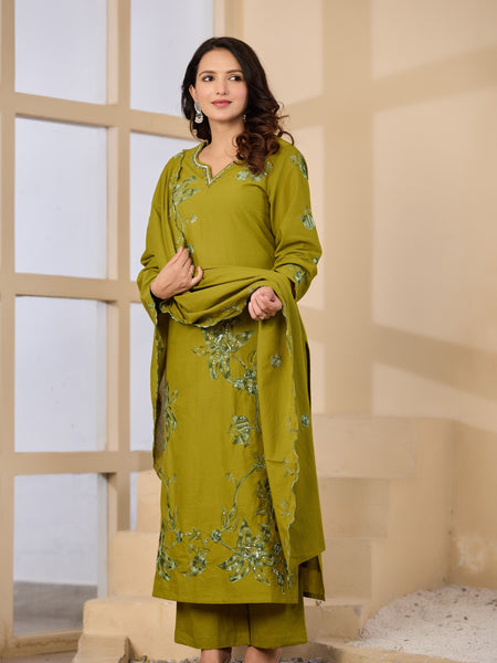 Cotton Handwork Kurta Palazzo Dupatta Set