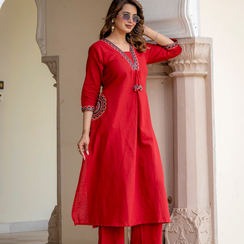 Cotton Embroidered  Kurta Set