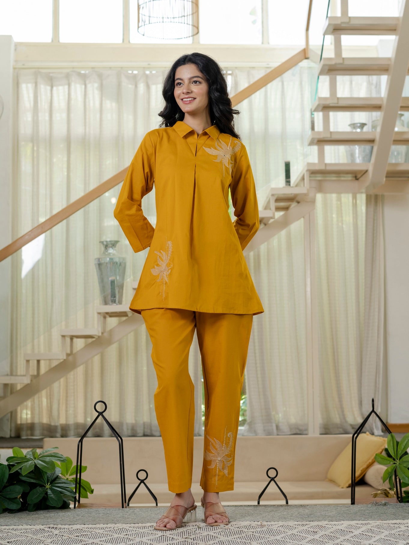 Floral Embroidered Collared Top & Straight Pants Co-ord Set