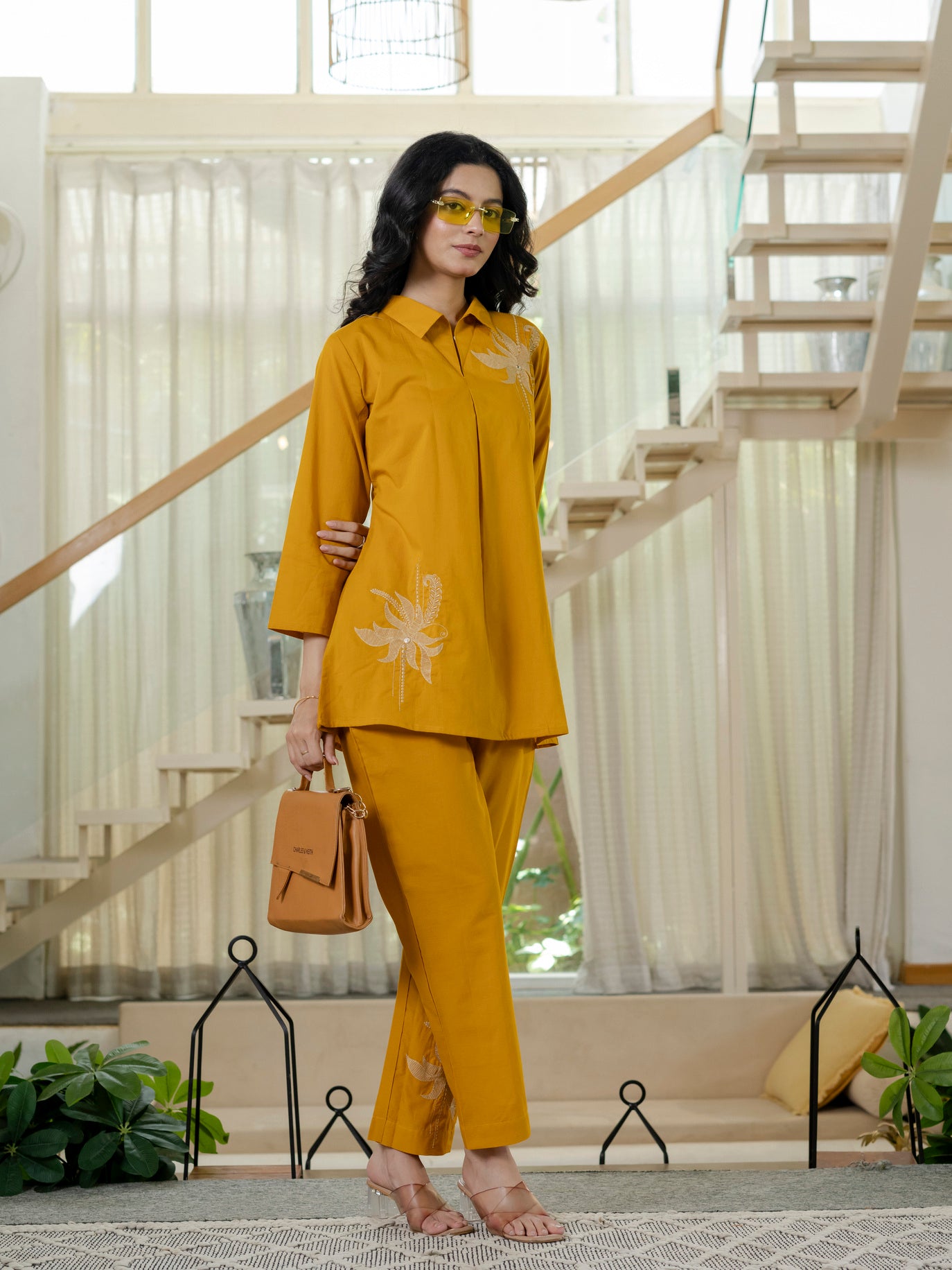 Floral Embroidered Collared Top & Straight Pants Co-ord Set