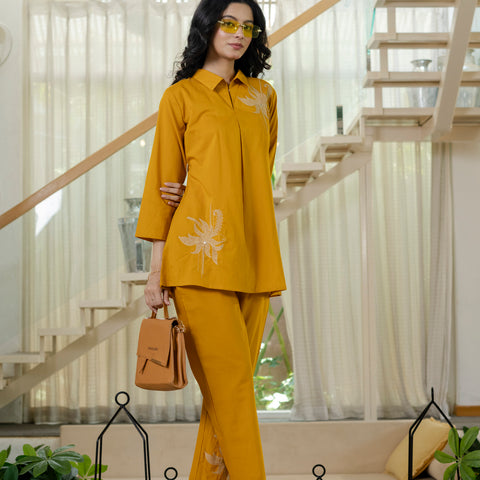 Floral Embroidered Collared Top & Straight Pants Co-ord Set