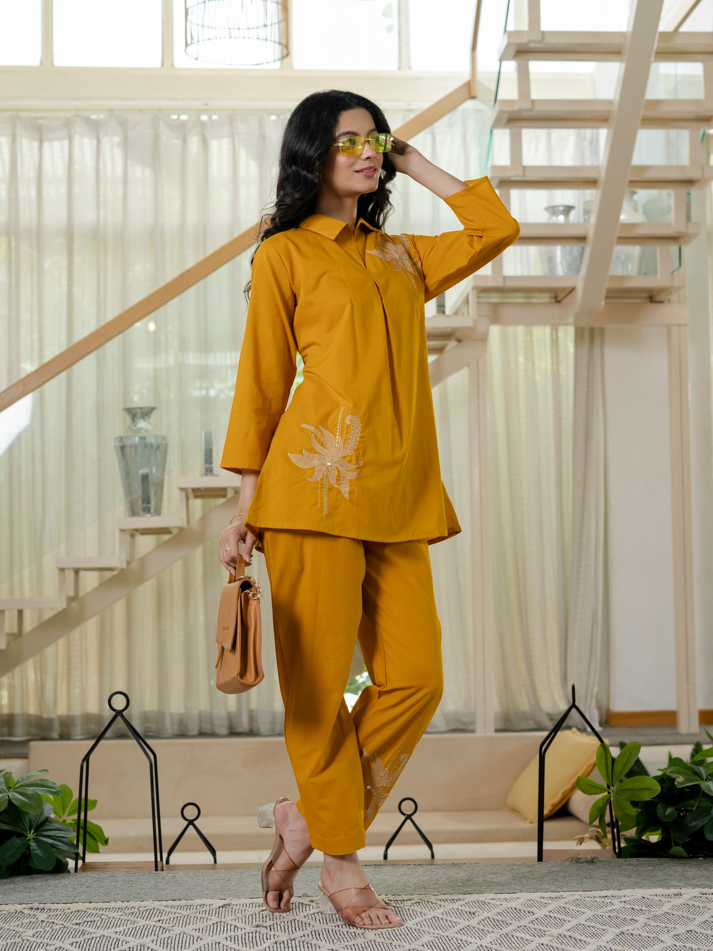 Floral Embroidered Collared Top & Straight Pants Co-ord Set