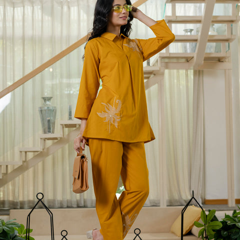 Floral Embroidered Collared Top & Straight Pants Co-ord Set