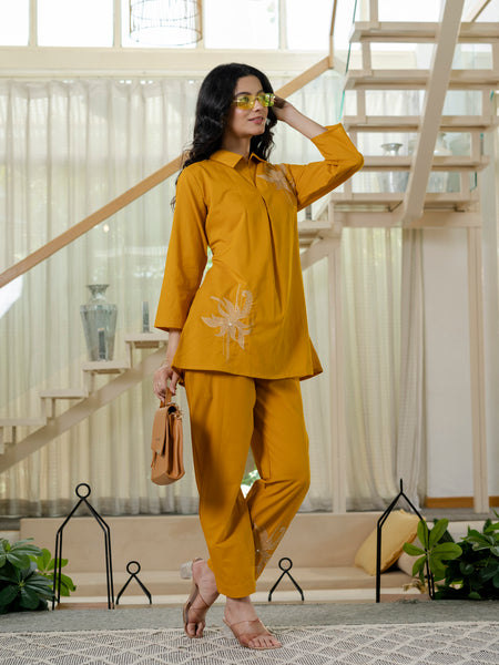 Floral Embroidered Collared Top & Straight Pants Co-ord Set