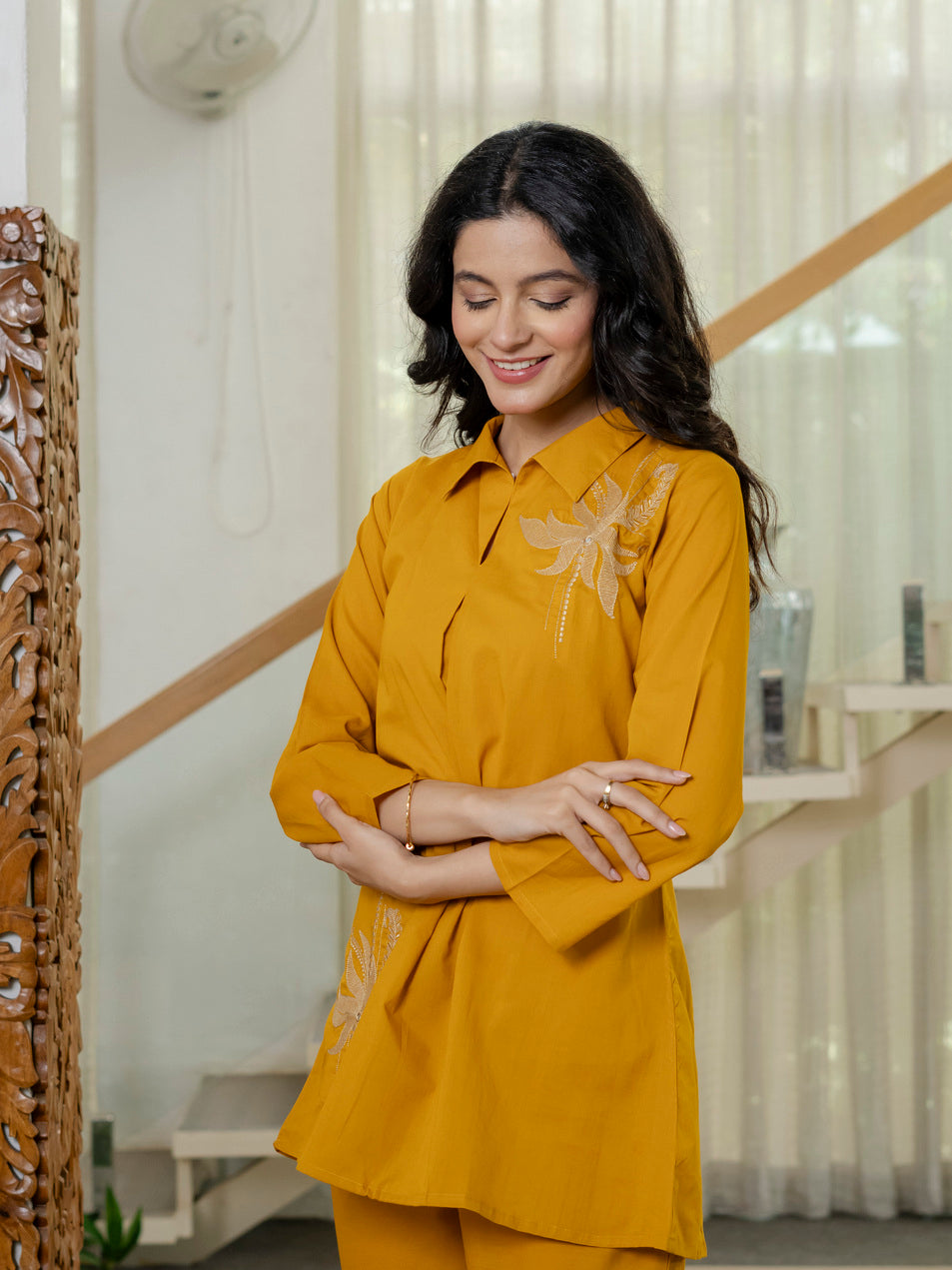Floral Embroidered Collared Top & Straight Pants Co-ord Set