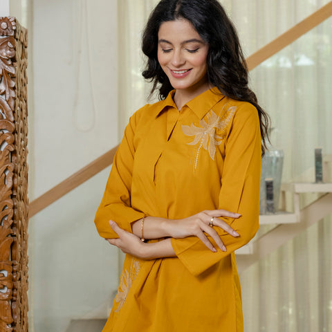 Floral Embroidered Collared Top & Straight Pants Co-ord Set