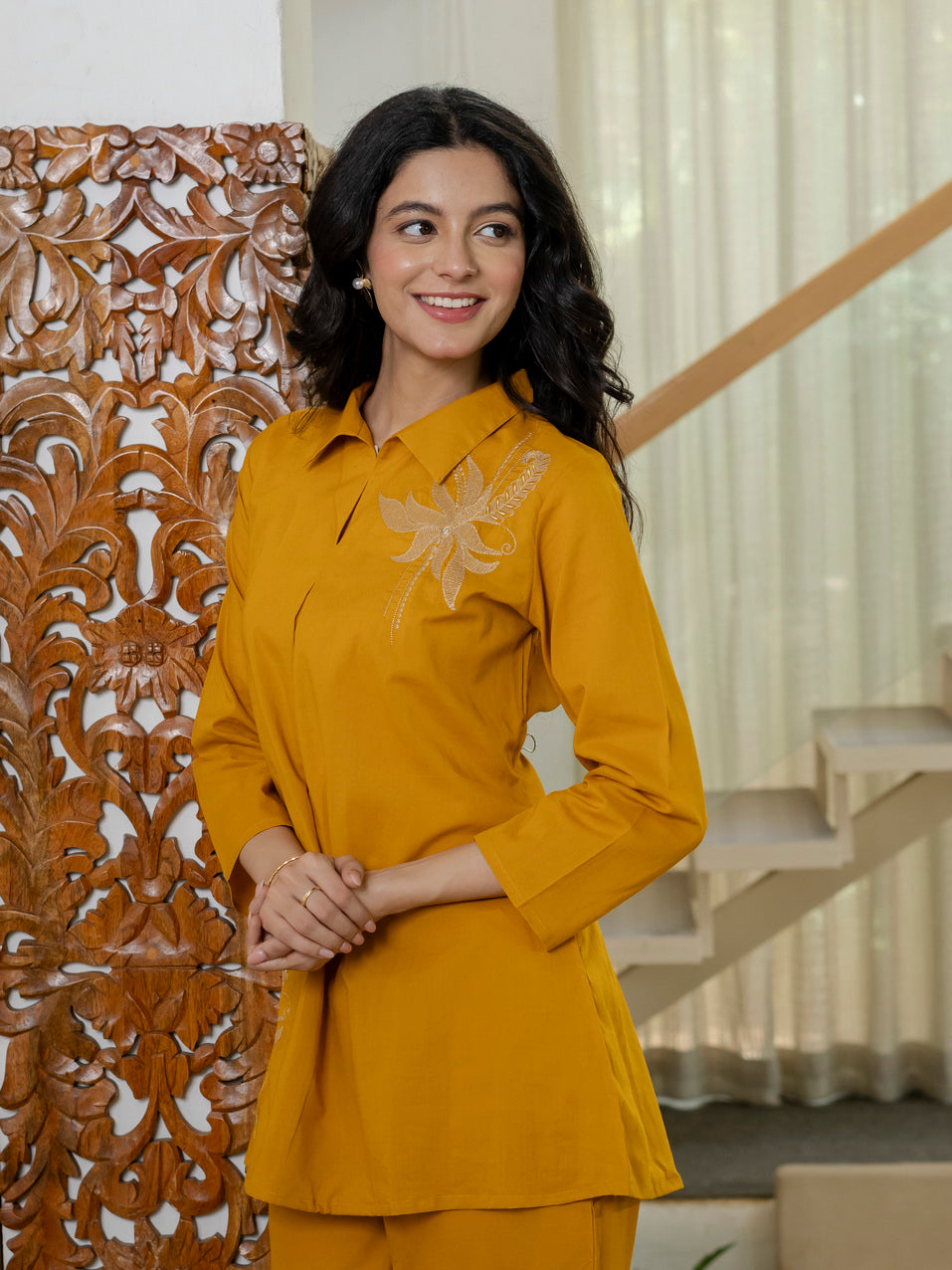 Floral Embroidered Collared Top & Straight Pants Co-ord Set