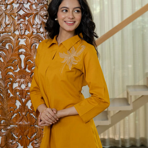 Floral Embroidered Collared Top & Straight Pants Co-ord Set