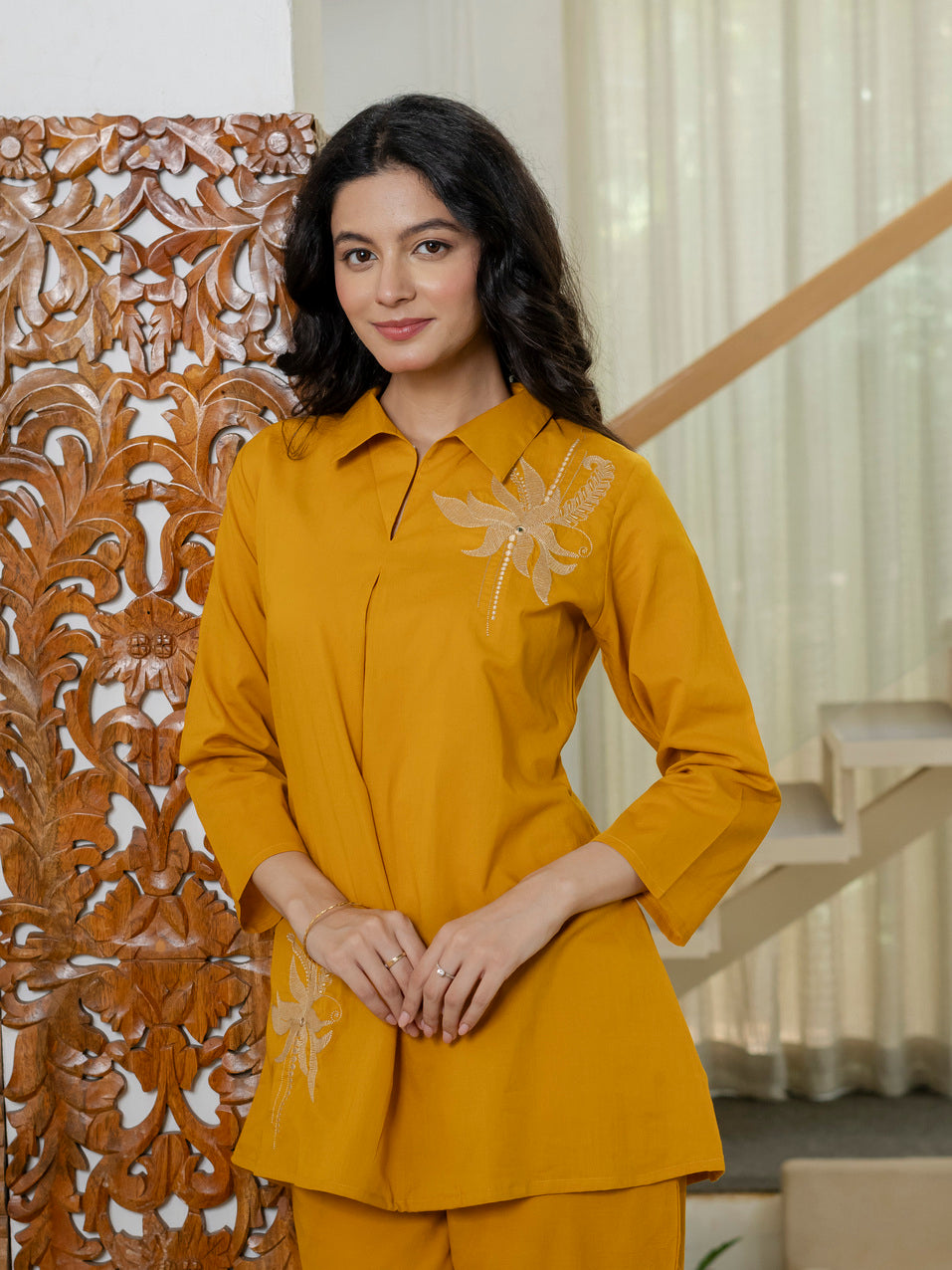 Floral Embroidered Collared Top & Straight Pants Co-ord Set