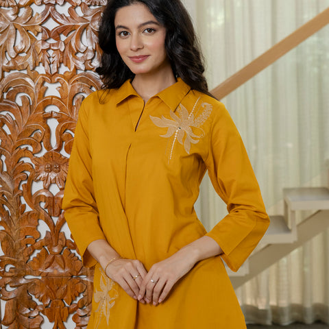 Floral Embroidered Collared Top & Straight Pants Co-ord Set