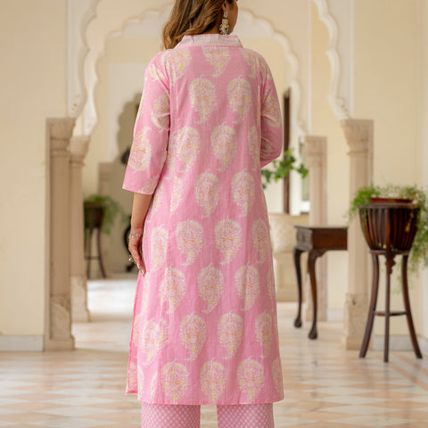 Ebbani Women’s Cotton Floral Baby Pink Kurta Set with Dupatta