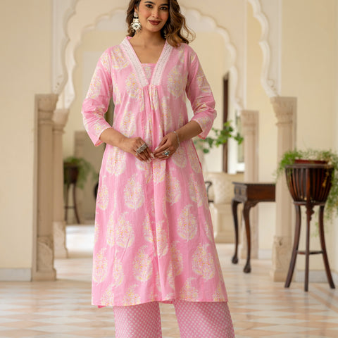 Ebbani Women’s Cotton Floral Baby Pink Kurta Set with Dupatta