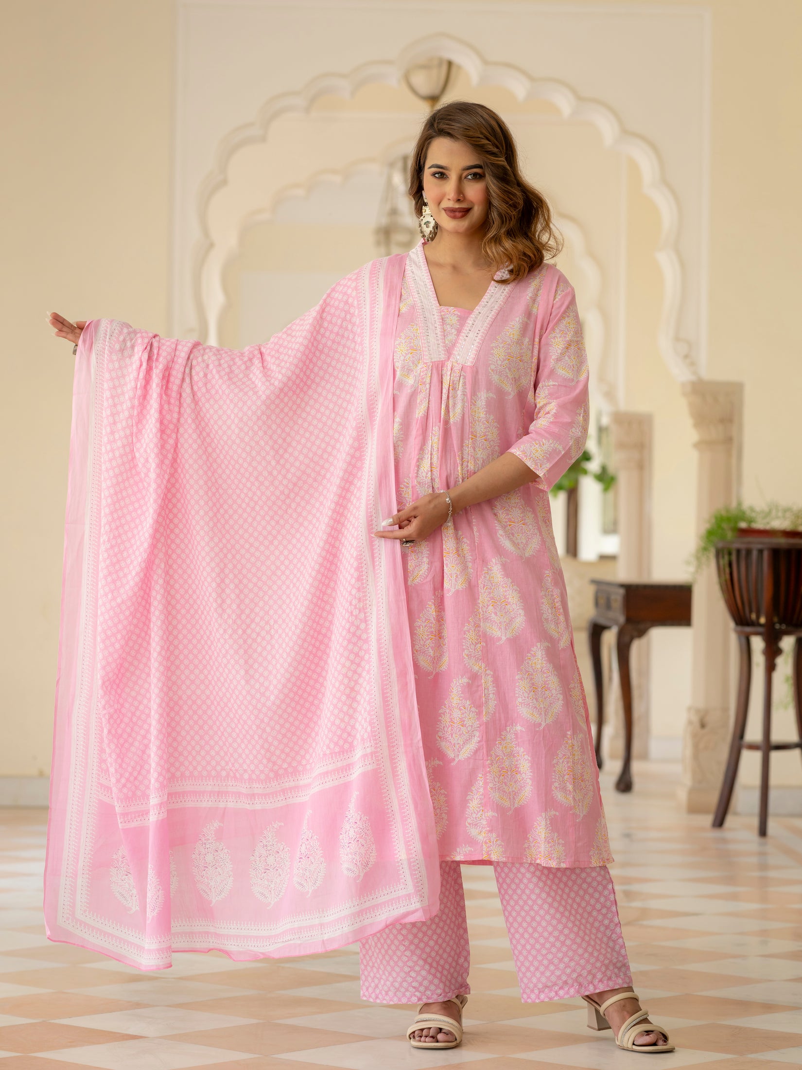 Ebbani Women’s Cotton Floral Baby Pink Kurta Set with Dupatta