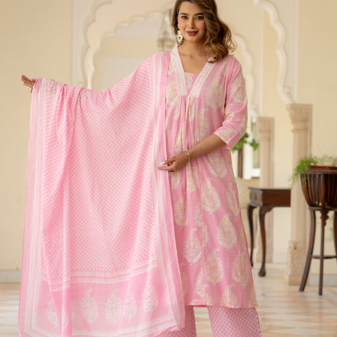 Ebbani Women’s Cotton Floral Baby Pink Kurta Set with Dupatta