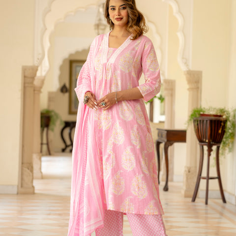 Ebbani Women’s Cotton Floral Baby Pink Kurta Set with Dupatta