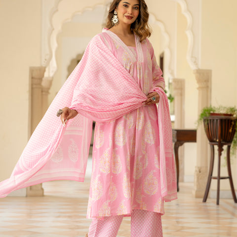 Ebbani Women’s Cotton Floral Baby Pink Kurta Set with Dupatta