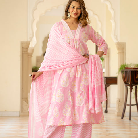 Ebbani Women’s Cotton Floral Baby Pink Kurta Set with Dupatta