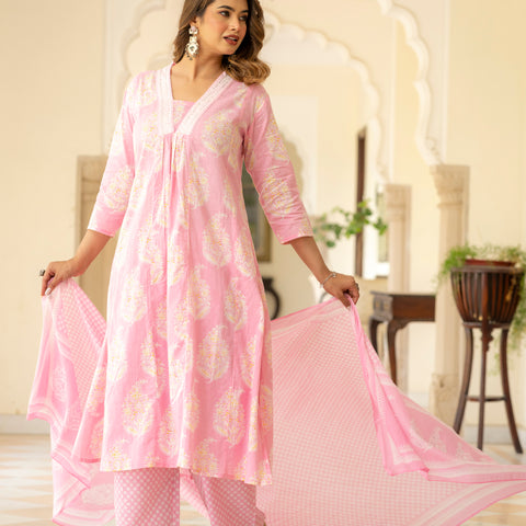 Ebbani Women’s Cotton Floral Baby Pink Kurta Set with Dupatta