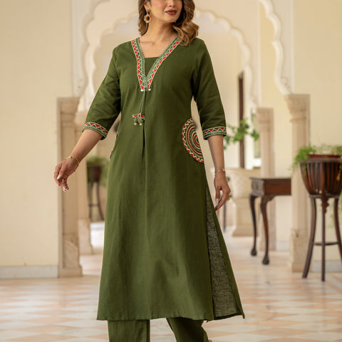 Cotton Embroidered  Kurta Set