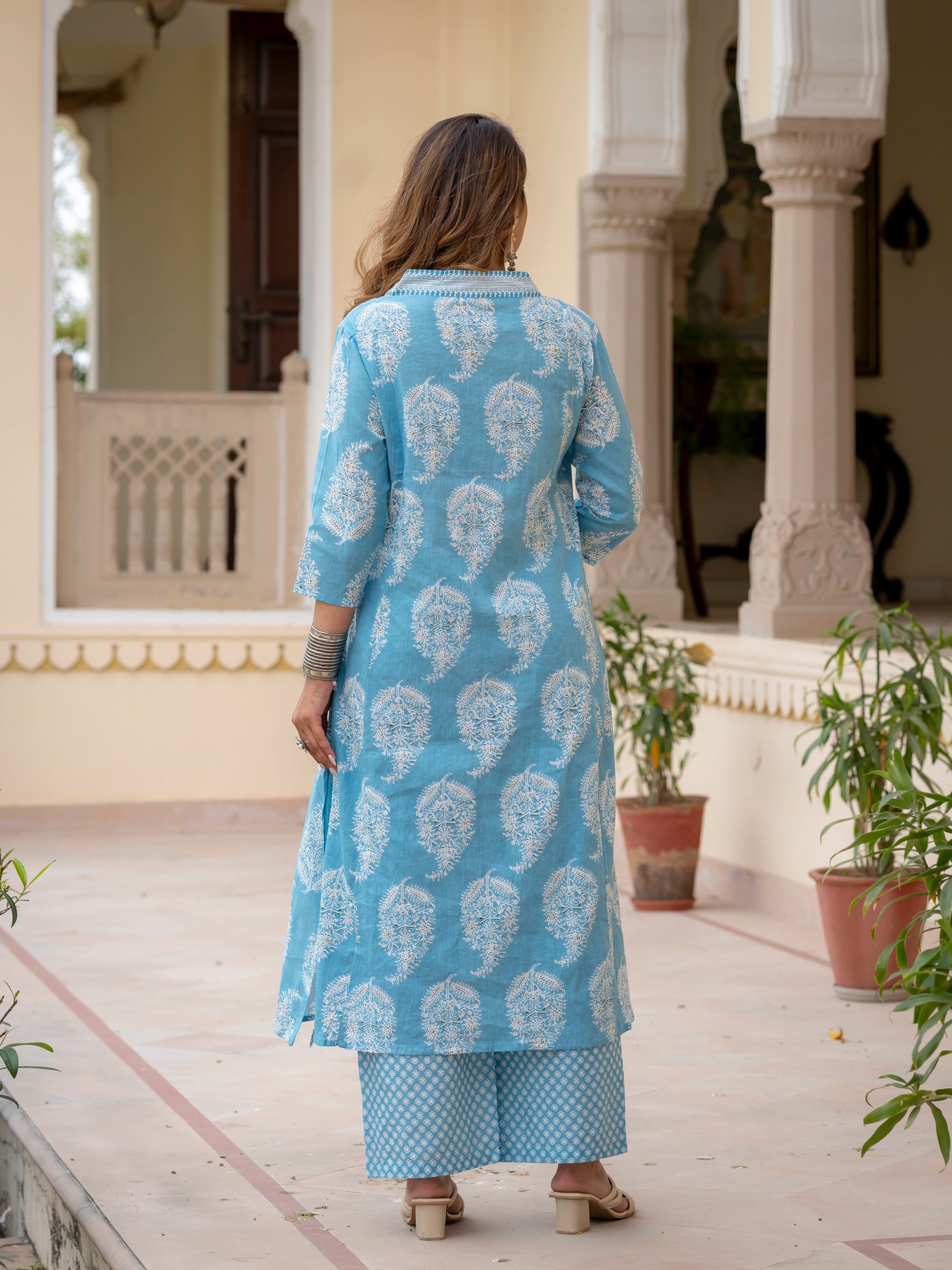 Ebbani Women’s Cotton Floral Sky Blue Kurta Set with Dupatta
