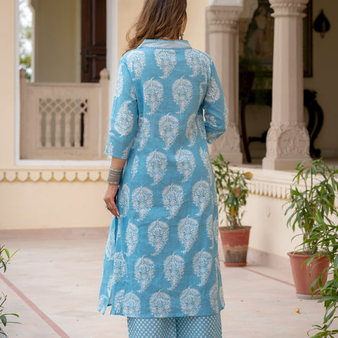Ebbani Women’s Cotton Floral Sky Blue Kurta Set with Dupatta