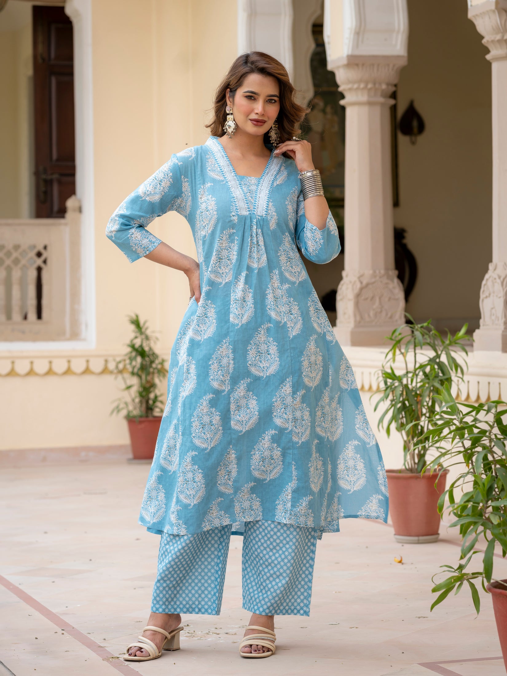 Ebbani Women’s Cotton Floral Sky Blue Kurta Set with Dupatta