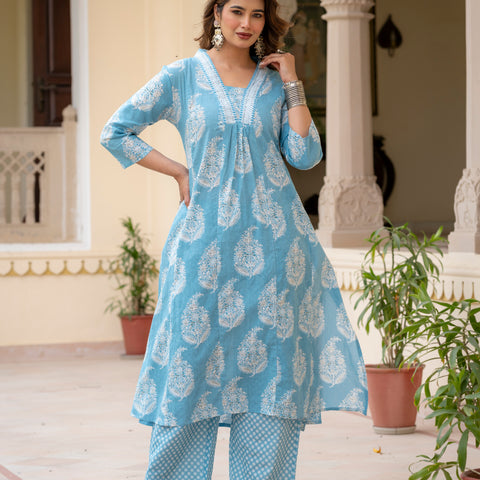 Ebbani Women’s Cotton Floral Sky Blue Kurta Set with Dupatta