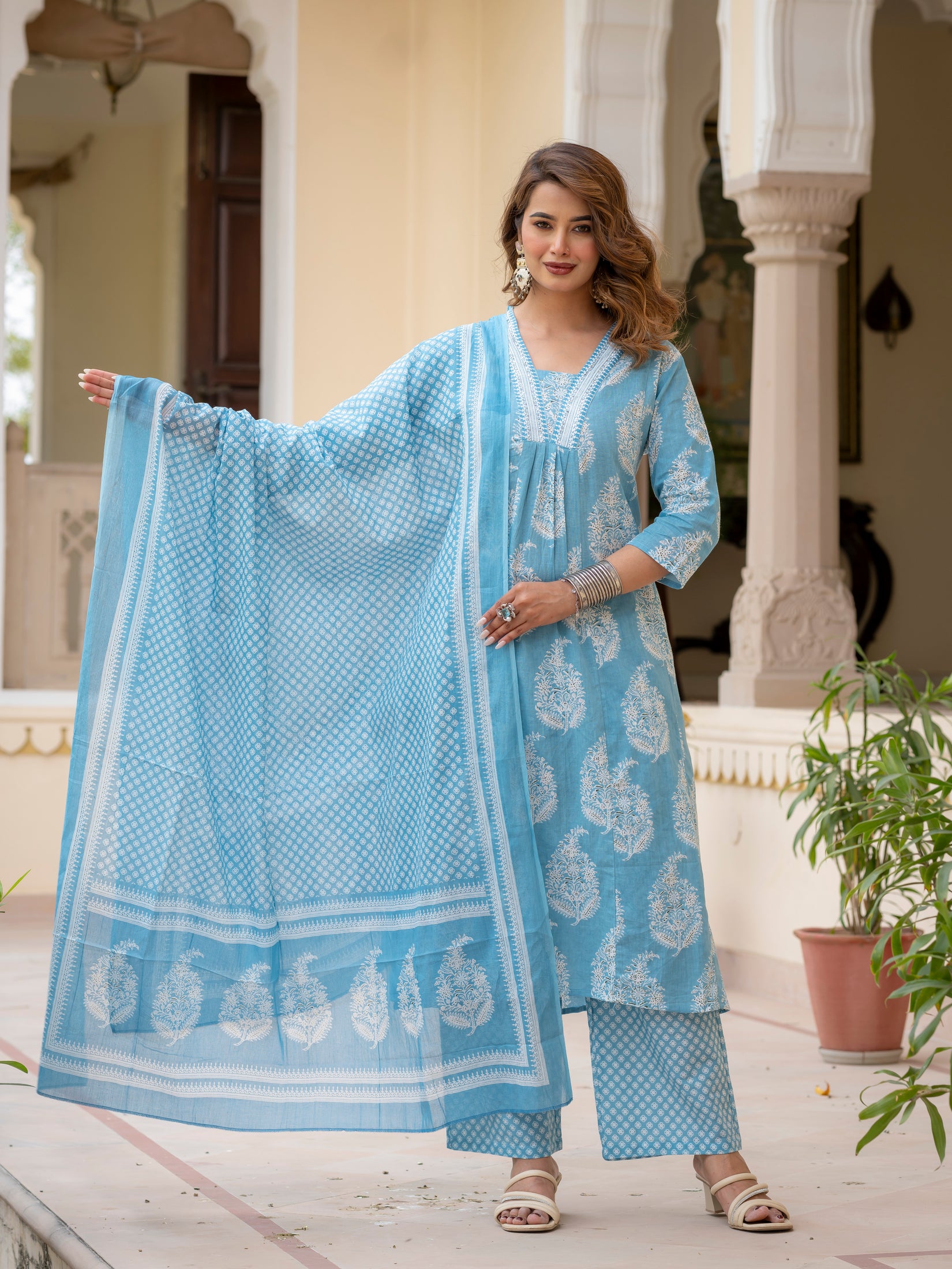 Ebbani Women’s Cotton Floral Sky Blue Kurta Set with Dupatta