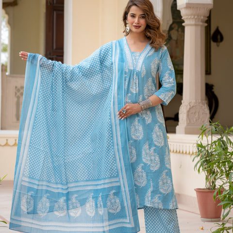 Ebbani Women’s Cotton Floral Sky Blue Kurta Set with Dupatta