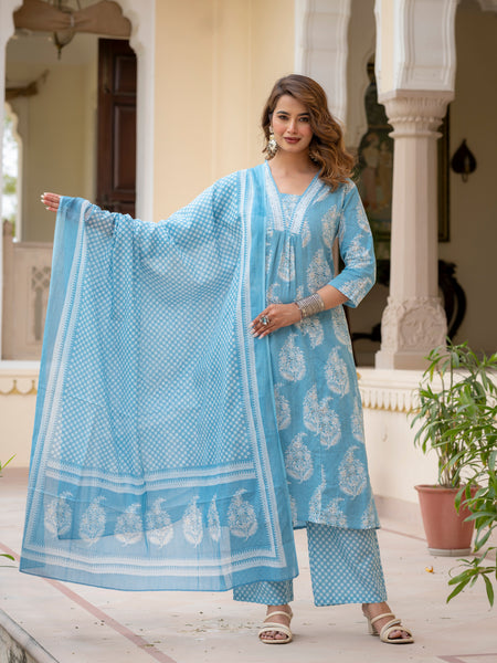 Ebbani Women’s Cotton Floral Sky Blue Kurta Set with Dupatta