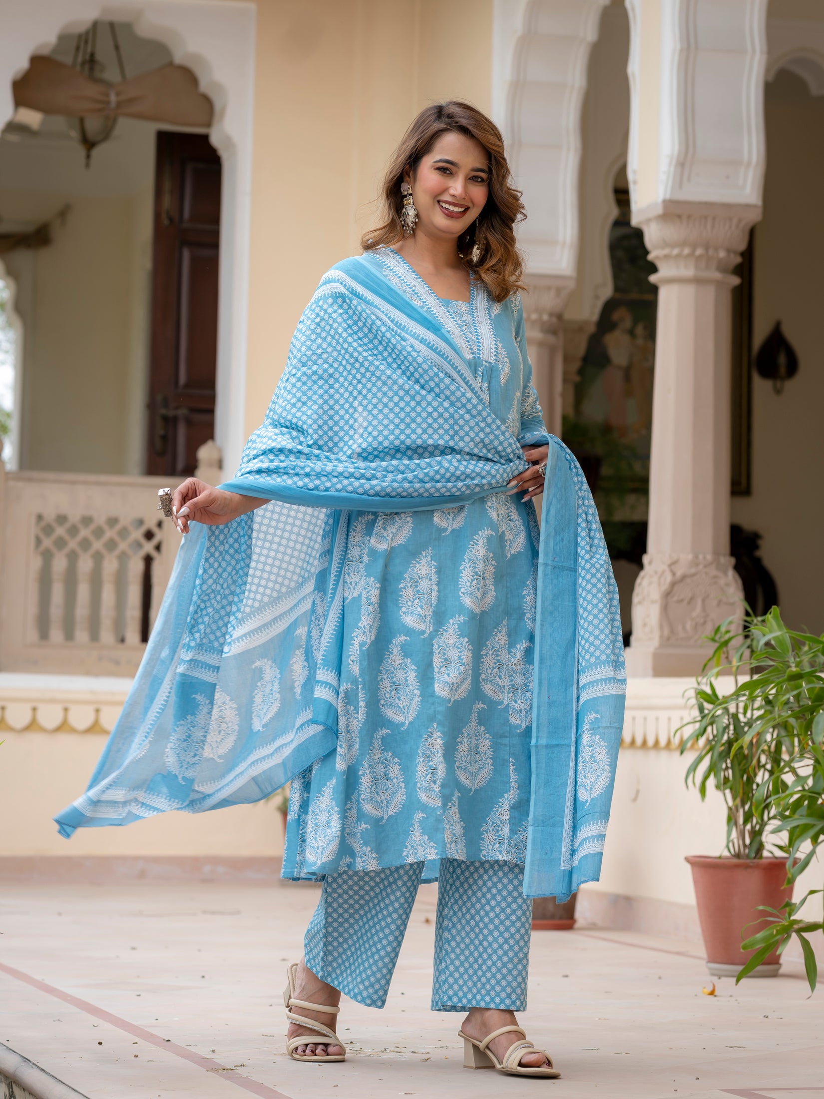 Ebbani Women’s Cotton Floral Sky Blue Kurta Set with Dupatta