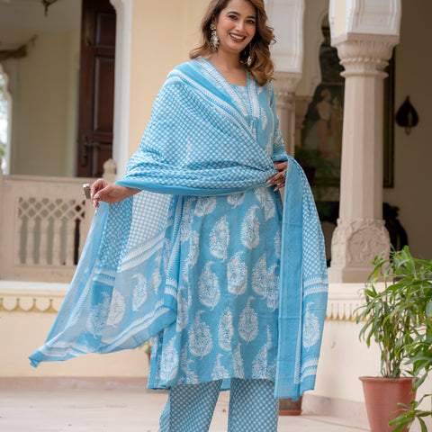 Ebbani Women’s Cotton Floral Sky Blue Kurta Set with Dupatta