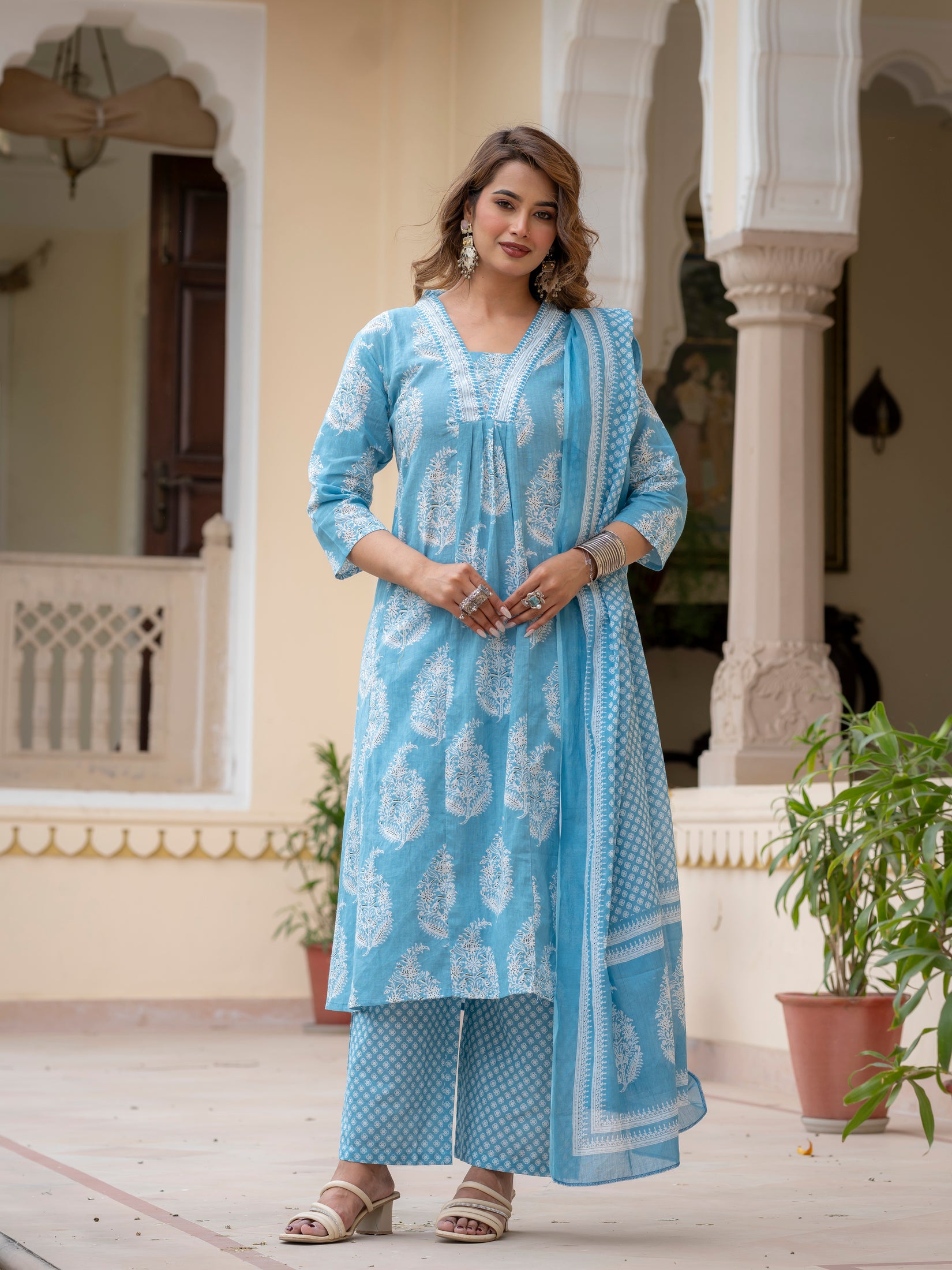 Ebbani Women’s Cotton Floral Sky Blue Kurta Set with Dupatta