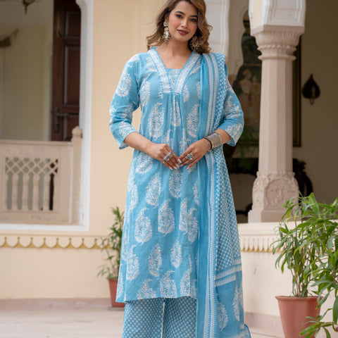 Ebbani Women’s Cotton Floral Sky Blue Kurta Set with Dupatta