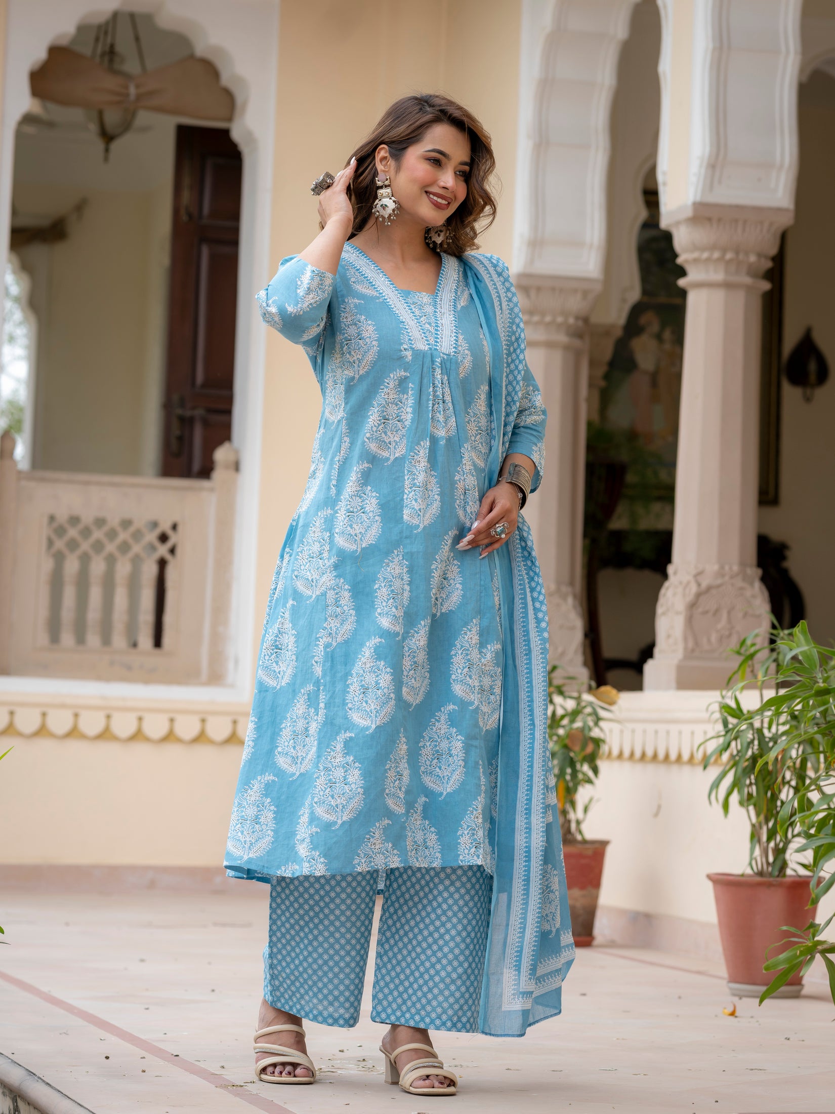 Ebbani Women’s Cotton Floral Sky Blue Kurta Set with Dupatta
