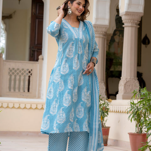 Ebbani Women’s Cotton Floral Sky Blue Kurta Set with Dupatta