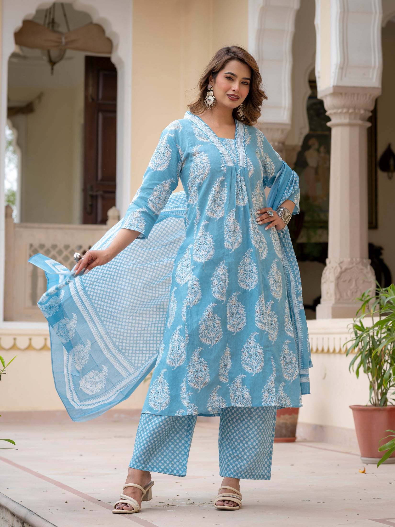 Ebbani Women’s Cotton Floral Sky Blue Kurta Set with Dupatta