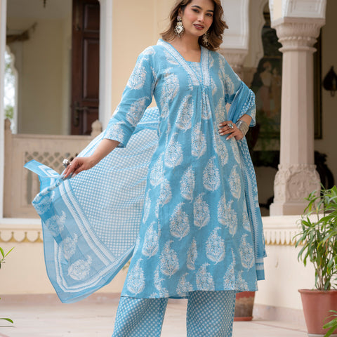 Ebbani Women’s Cotton Floral Sky Blue Kurta Set with Dupatta