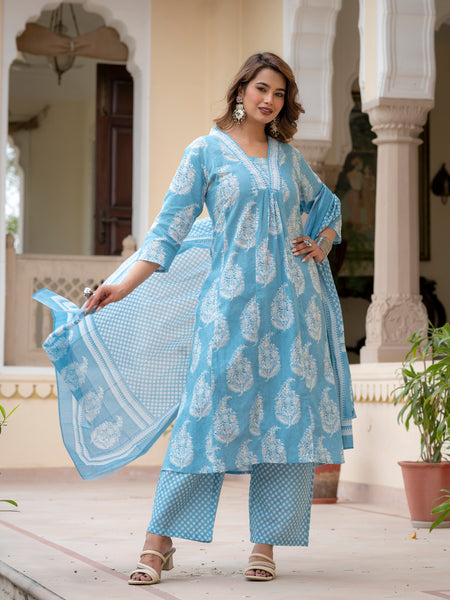 Ebbani Women’s Cotton Floral Sky Blue Kurta Set with Dupatta