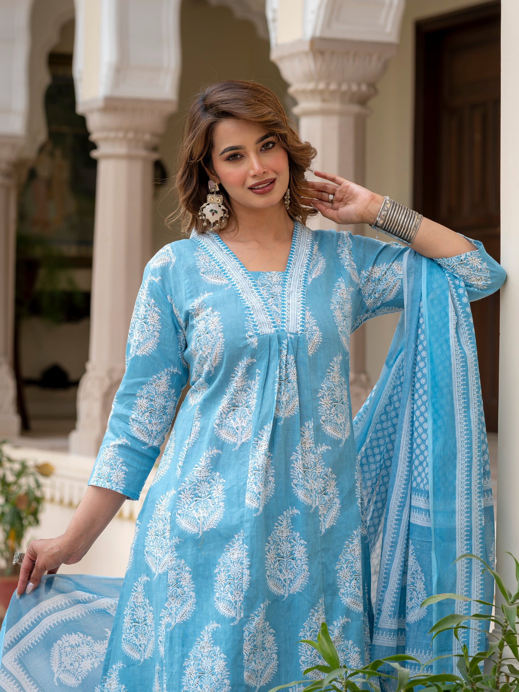 Ebbani Women’s Cotton Floral Sky Blue Kurta Set with Dupatta