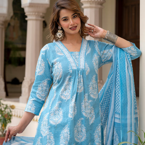 Ebbani Women’s Cotton Floral Sky Blue Kurta Set with Dupatta