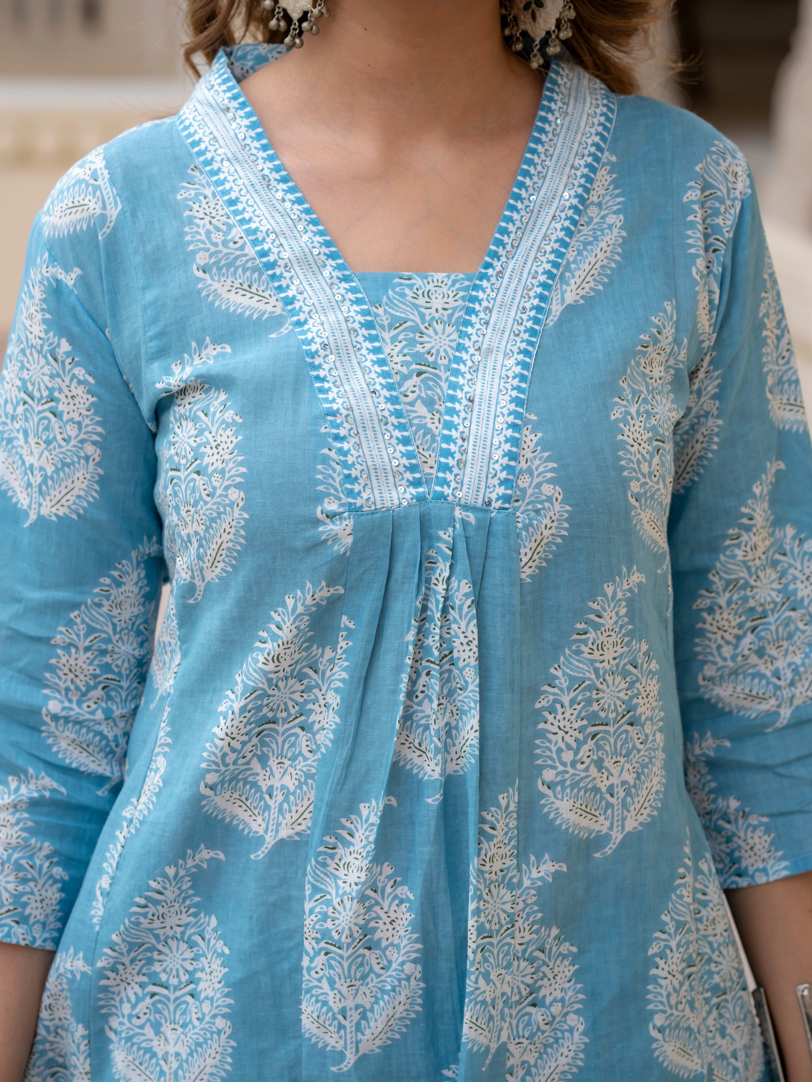 Ebbani Women’s Cotton Floral Sky Blue Kurta Set with Dupatta