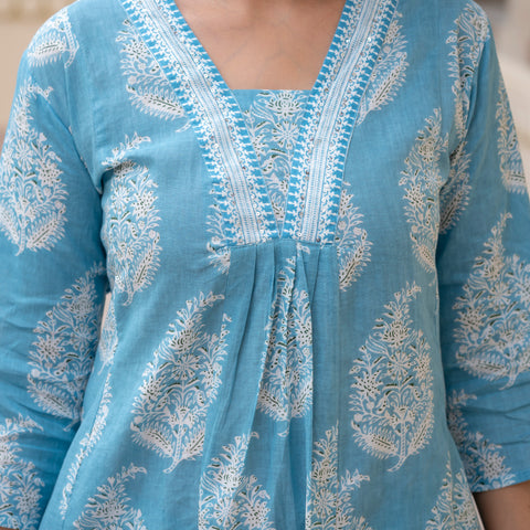 Ebbani Women’s Cotton Floral Sky Blue Kurta Set with Dupatta